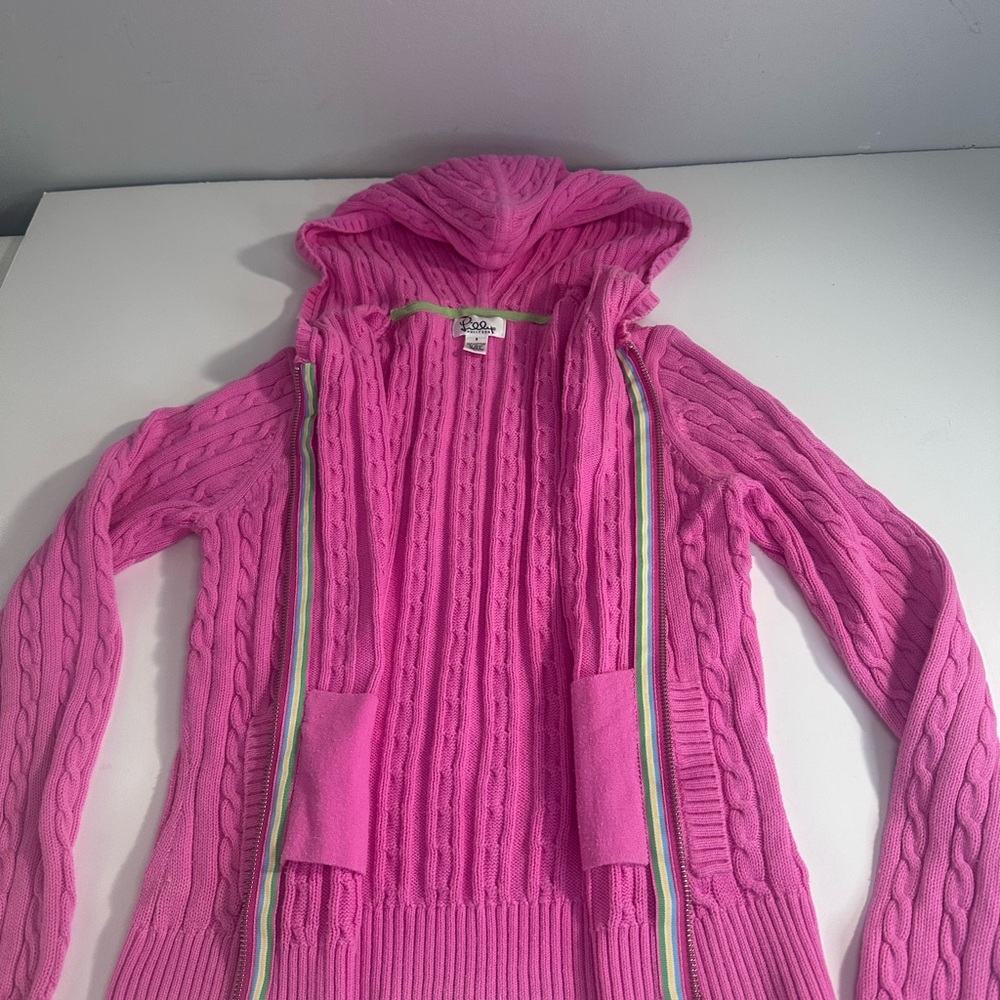 Lilly Pulitzer Vintage White Label Pink Cable Knit Full Zip Hood Cardigan Small - Picture 5 of 12